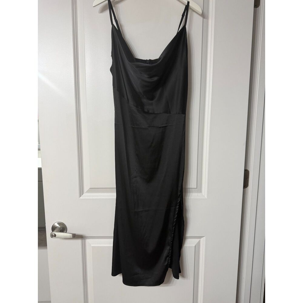 Black Women's Satin Drape Cowl Neck Sleeveless Strappy Slit Midi Dress